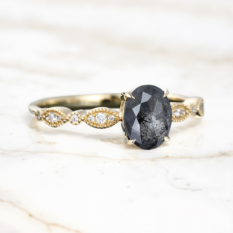 1.69CT Oval Cut Salt & Pepper Diamond Milgrain Design Promise S925 Silver Engagement Ring