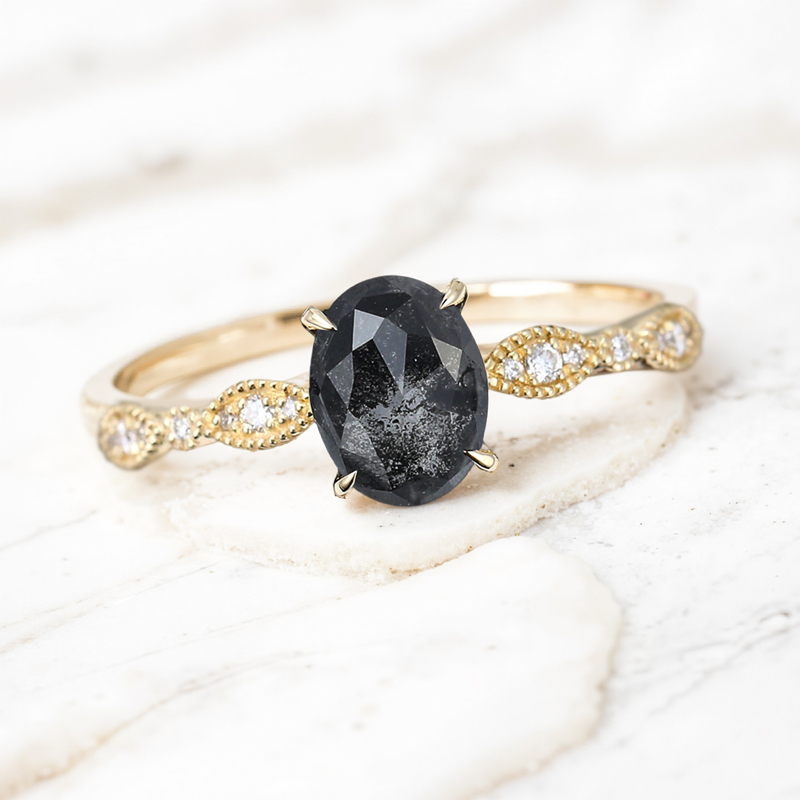 1.69CT Oval Cut Salt & Pepper Diamond Milgrain Design Promise S925 Silver Engagement Ring