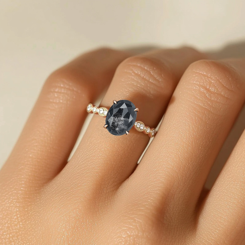 1.69CT Oval Cut Salt & Pepper Diamond Milgrain Design Promise S925 Silver Engagement Ring