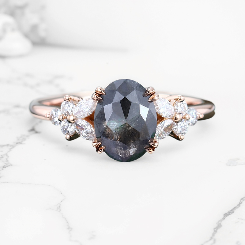 1.88CT Oval Cut Salt & Pepper Diamond Blossom S925 Silver Engagement Ring