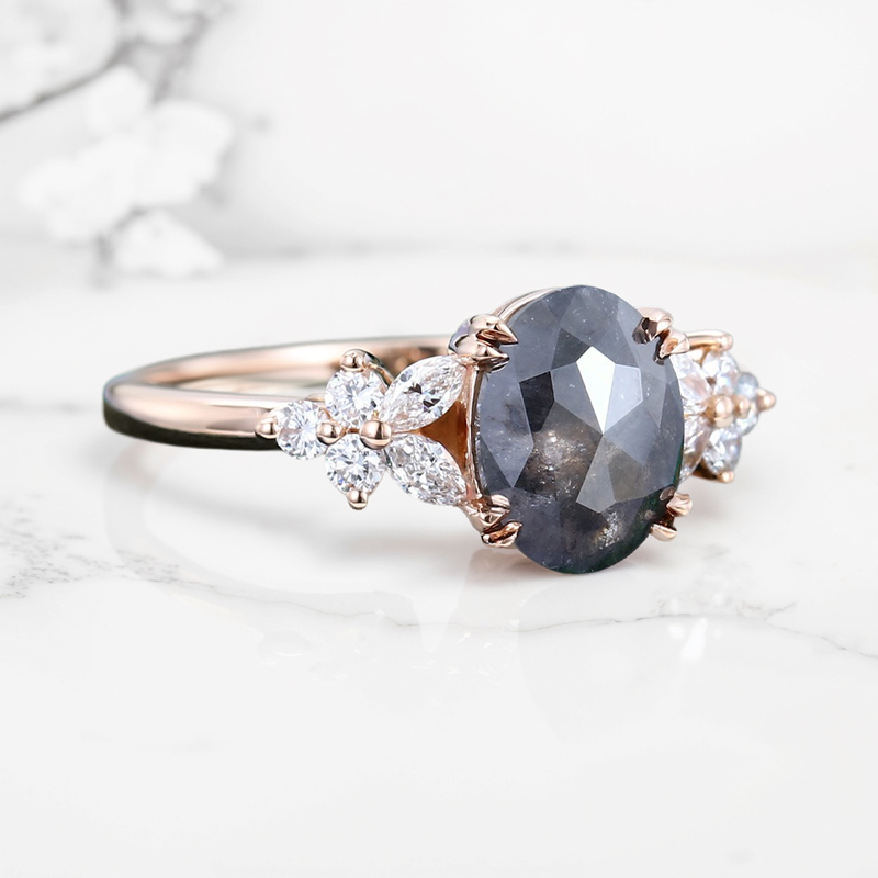 1.88CT Oval Cut Salt & Pepper Diamond Blossom S925 Silver Engagement Ring