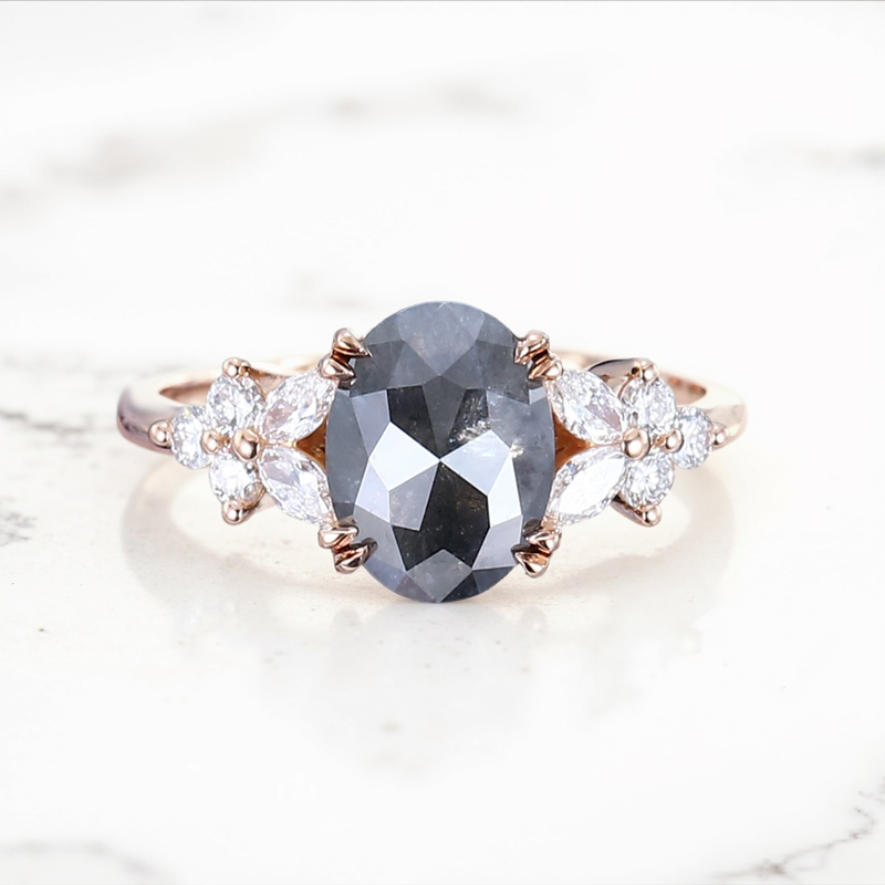 1.88CT Oval Cut Salt & Pepper Diamond Blossom S925 Silver Engagement Ring