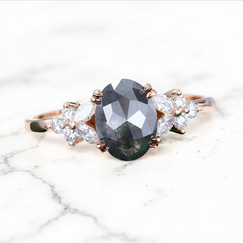 1.88CT Oval Cut Salt & Pepper Diamond Blossom S925 Silver Engagement Ring