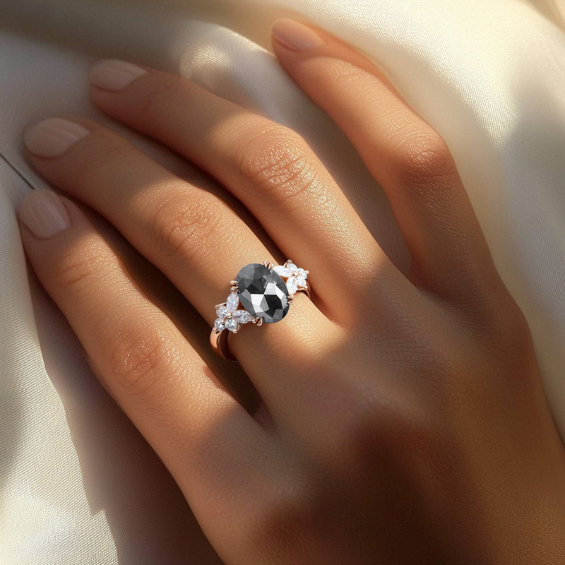 1.88CT Oval Cut Salt & Pepper Diamond Blossom S925 Silver Engagement Ring