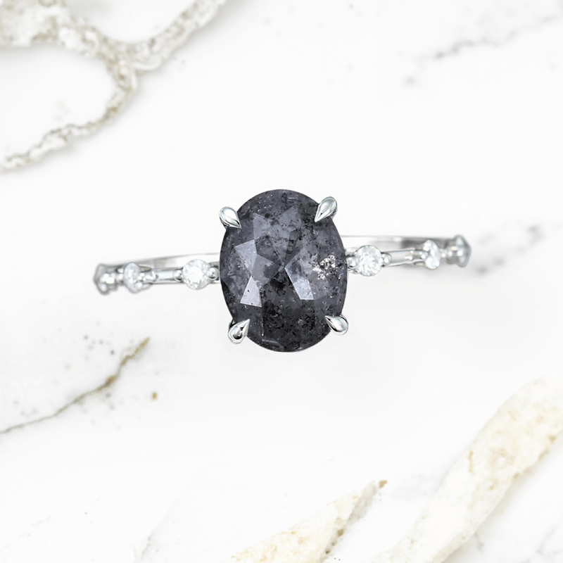 1.59CT Oval Cut Salt & Pepper Diamond Distance Band S925 Silver Engagement Ring