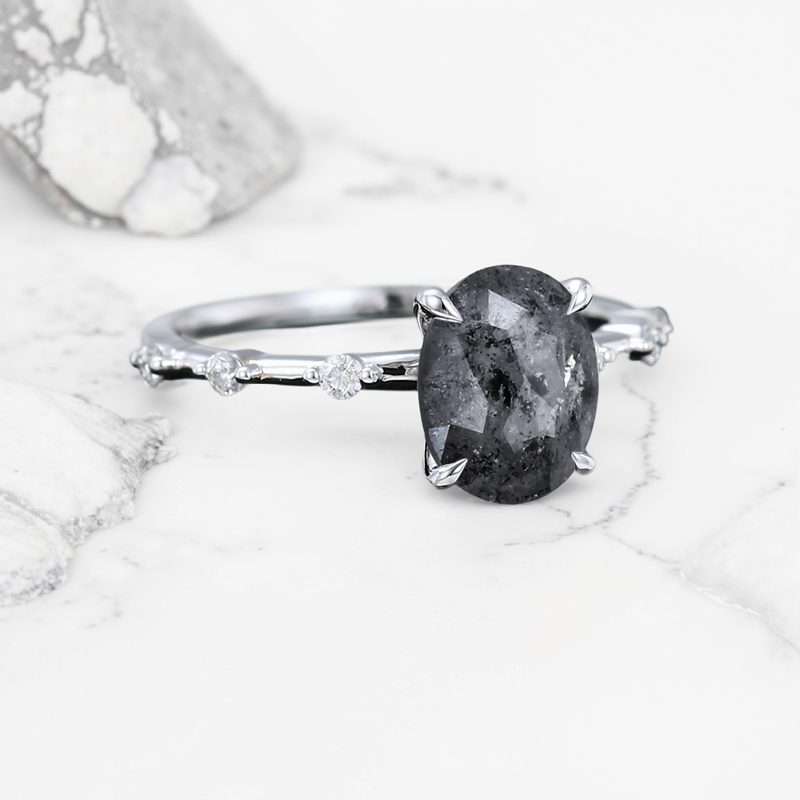 1.59CT Oval Cut Salt & Pepper Diamond Distance Band S925 Silver Engagement Ring