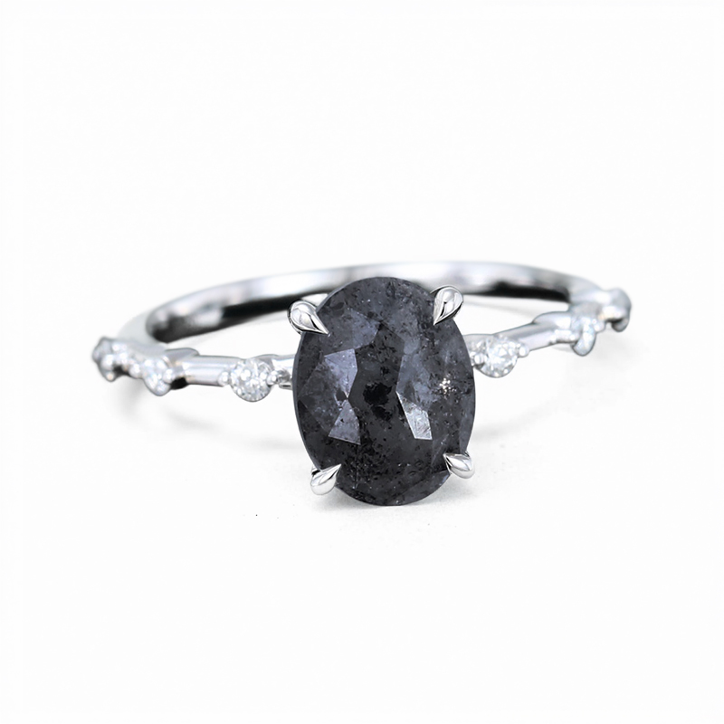 1.59CT Oval Cut Salt & Pepper Diamond Distance Band S925 Silver Engagement Ring
