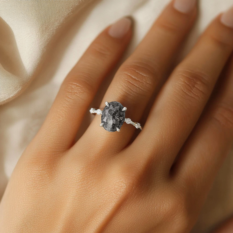 1.59CT Oval Cut Salt & Pepper Diamond Distance Band S925 Silver Engagement Ring