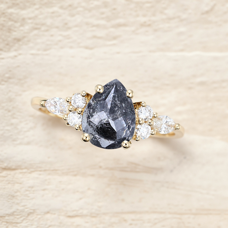 1.44CT Pear Cut Salt & Pepper Diamond Moissanite Accented S925 Silver Engagement Ring