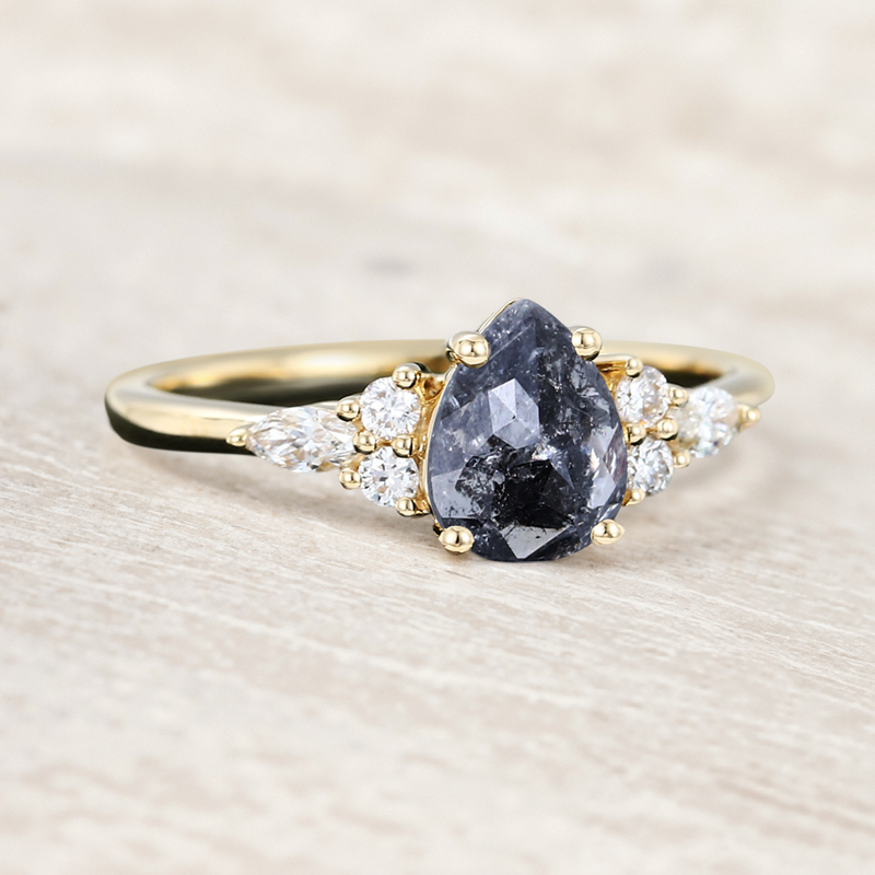 1.44CT Pear Cut Salt & Pepper Diamond Moissanite Accented S925 Silver Engagement Ring