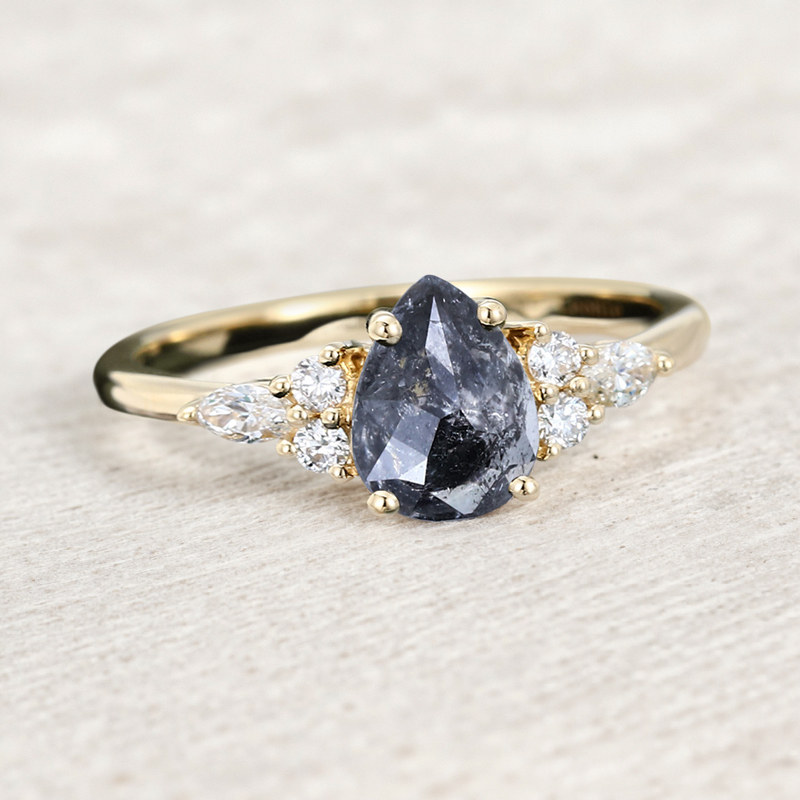 1.44CT Pear Cut Salt & Pepper Diamond Moissanite Accented S925 Silver Engagement Ring