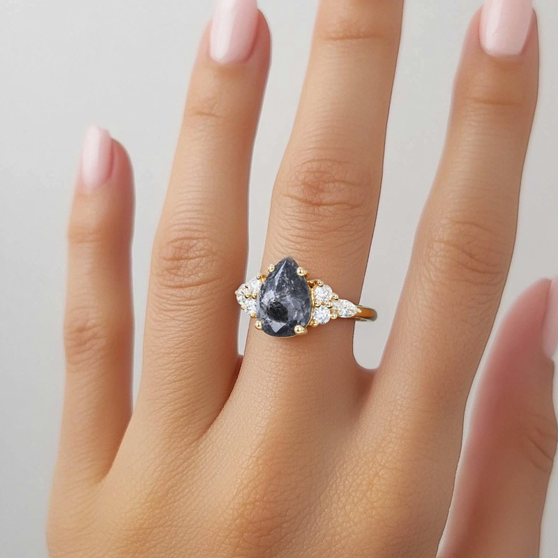 1.44CT Pear Cut Salt & Pepper Diamond Moissanite Accented S925 Silver Engagement Ring