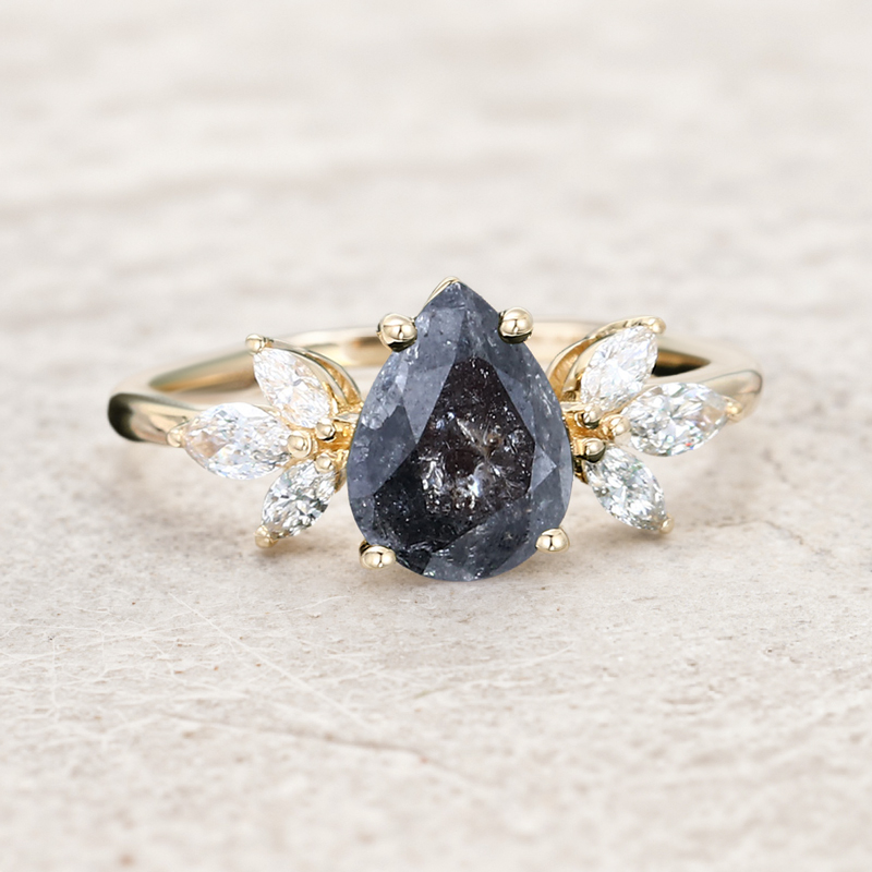 1.44CT Pear Cut Salt & Pepper Diamond Marquise Accented S925 Silver Engagement Ring