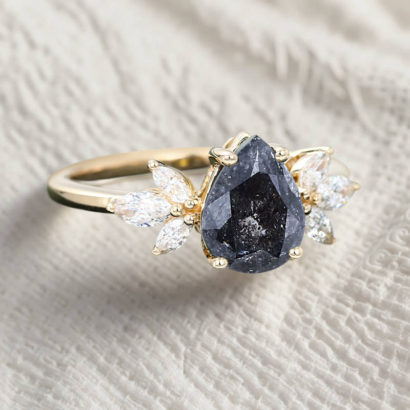 1.44CT Pear Cut Salt & Pepper Diamond Marquise Accented S925 Silver Engagement Ring