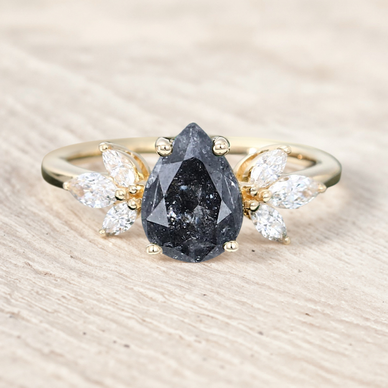 1.44CT Pear Cut Salt & Pepper Diamond Marquise Accented S925 Silver Engagement Ring