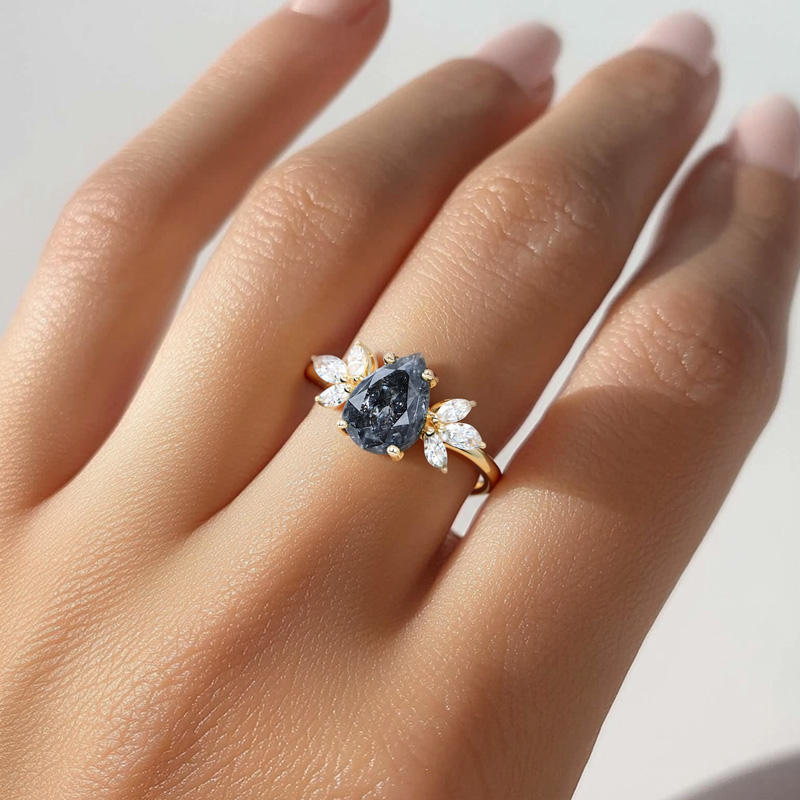 1.44CT Pear Cut Salt & Pepper Diamond Marquise Accented S925 Silver Engagement Ring