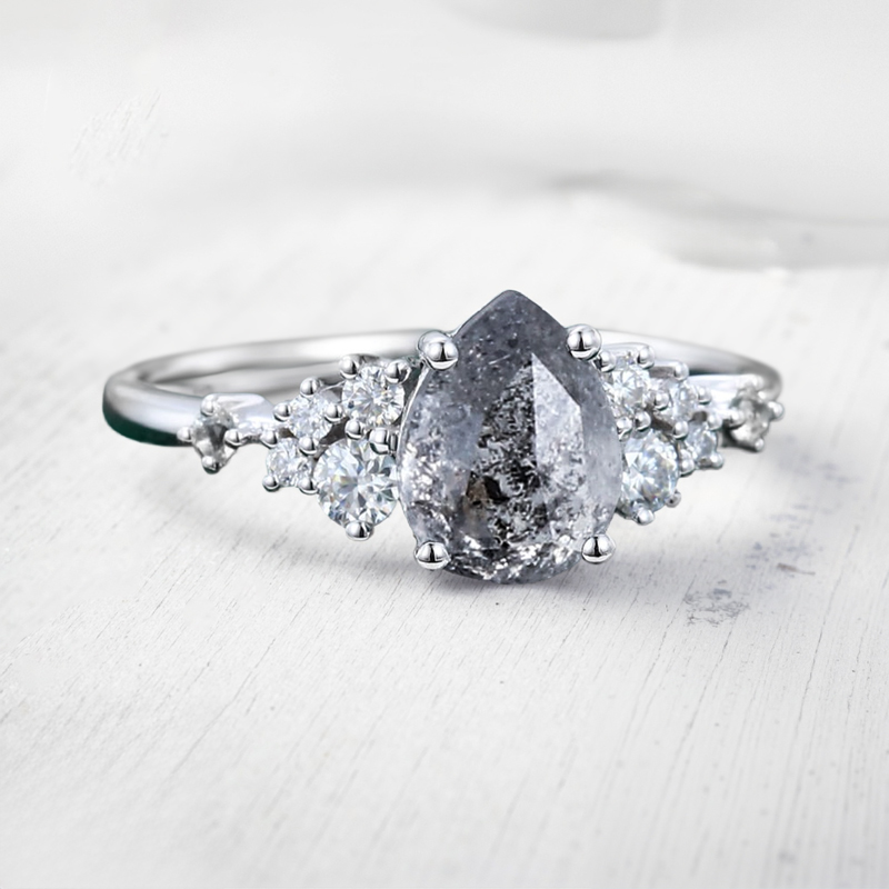 1.4CT Pear Cut Salt & Pepper Diamond Cluster Bridal S925 Silver Engagement Ring
