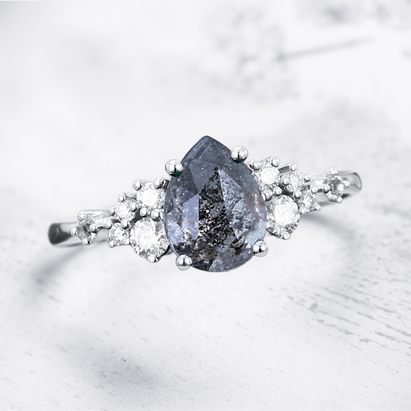 1.4CT Pear Cut Salt & Pepper Diamond Cluster Bridal S925 Silver Engagement Ring