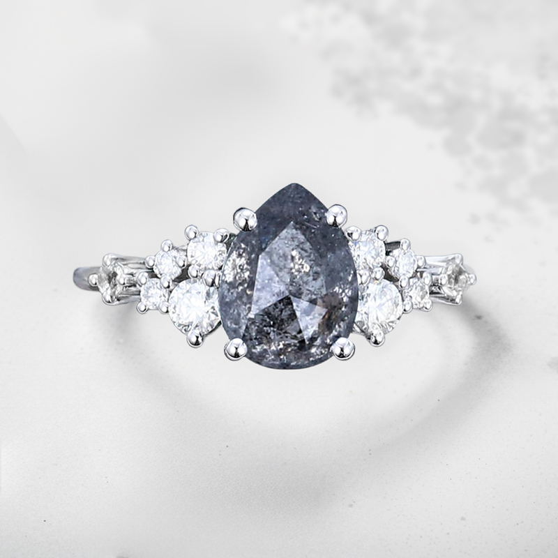 1.4CT Pear Cut Salt & Pepper Diamond Cluster Bridal S925 Silver Engagement Ring