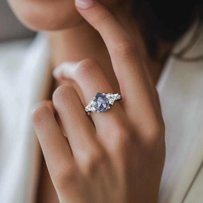 1.4CT Pear Cut Salt & Pepper Diamond Cluster Bridal S925 Silver Engagement Ring