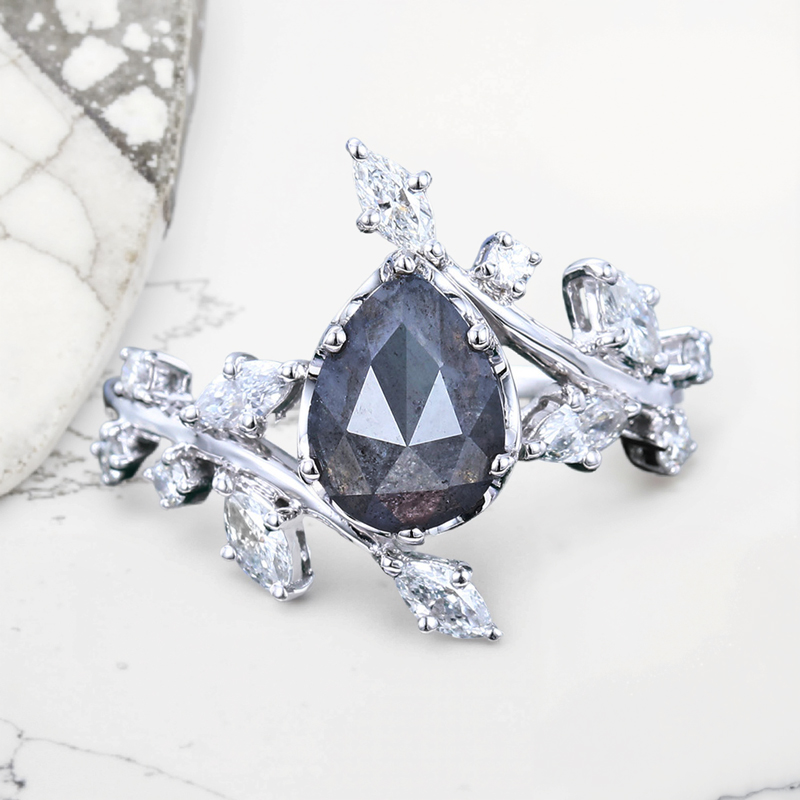 1.53CT Pear Cut Salt & Pepper Diamond With Marquise Cut Moissanite  S925 Silver Engagement Ring