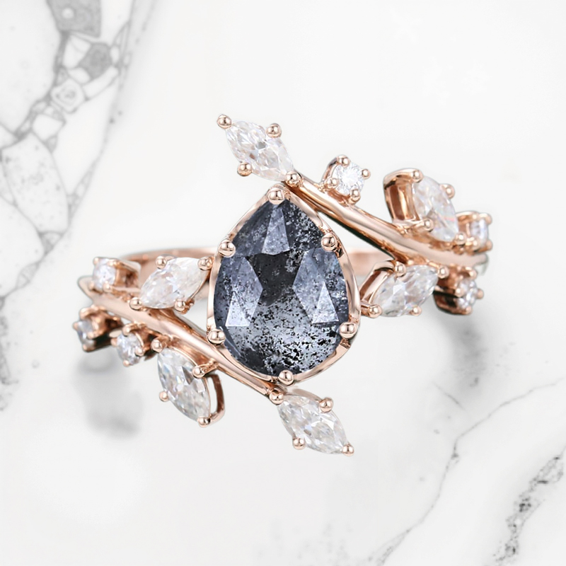 1.53CT Pear Cut Salt & Pepper Diamond With Marquise Cut Moissanite  S925 Silver Engagement Ring