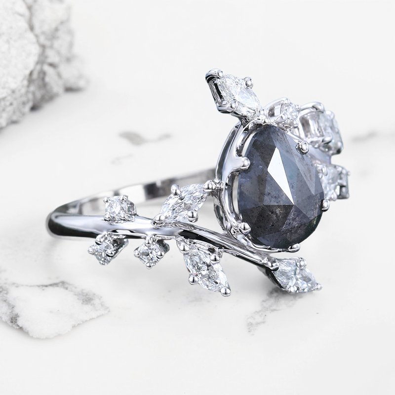 1.53CT Pear Cut Salt & Pepper Diamond With Marquise Cut Moissanite  S925 Silver Engagement Ring