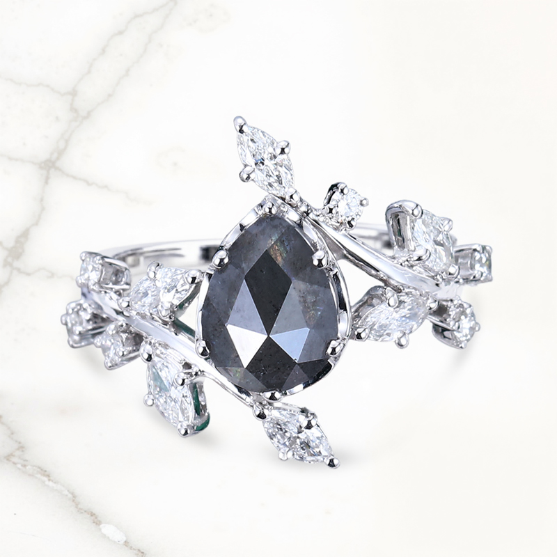 1.53CT Pear Cut Salt & Pepper Diamond With Marquise Cut Moissanite  S925 Silver Engagement Ring