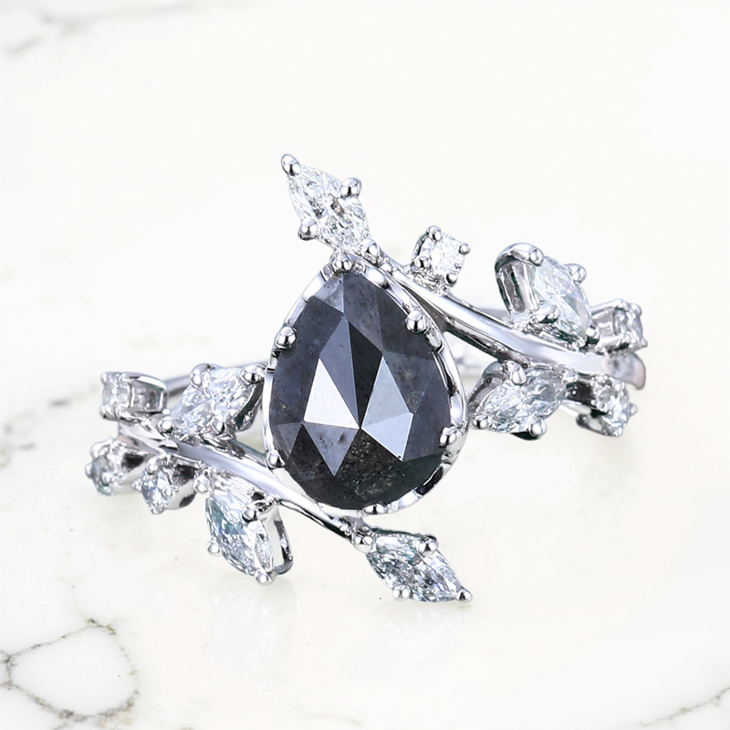 1.53CT Pear Cut Salt & Pepper Diamond With Marquise Cut Moissanite  S925 Silver Engagement Ring
