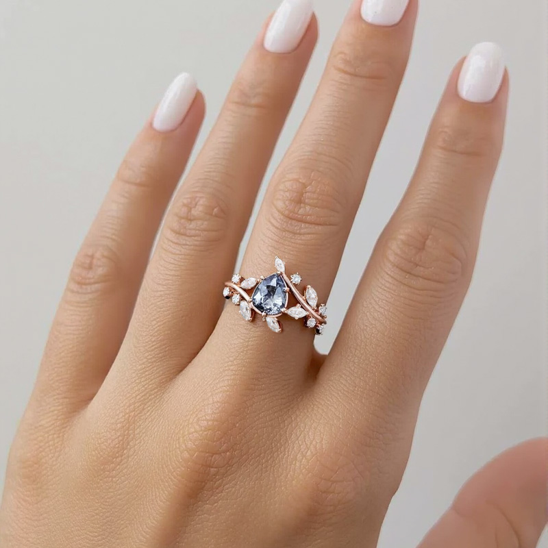 1.53CT Pear Cut Salt & Pepper Diamond With Marquise Cut Moissanite  S925 Silver Engagement Ring