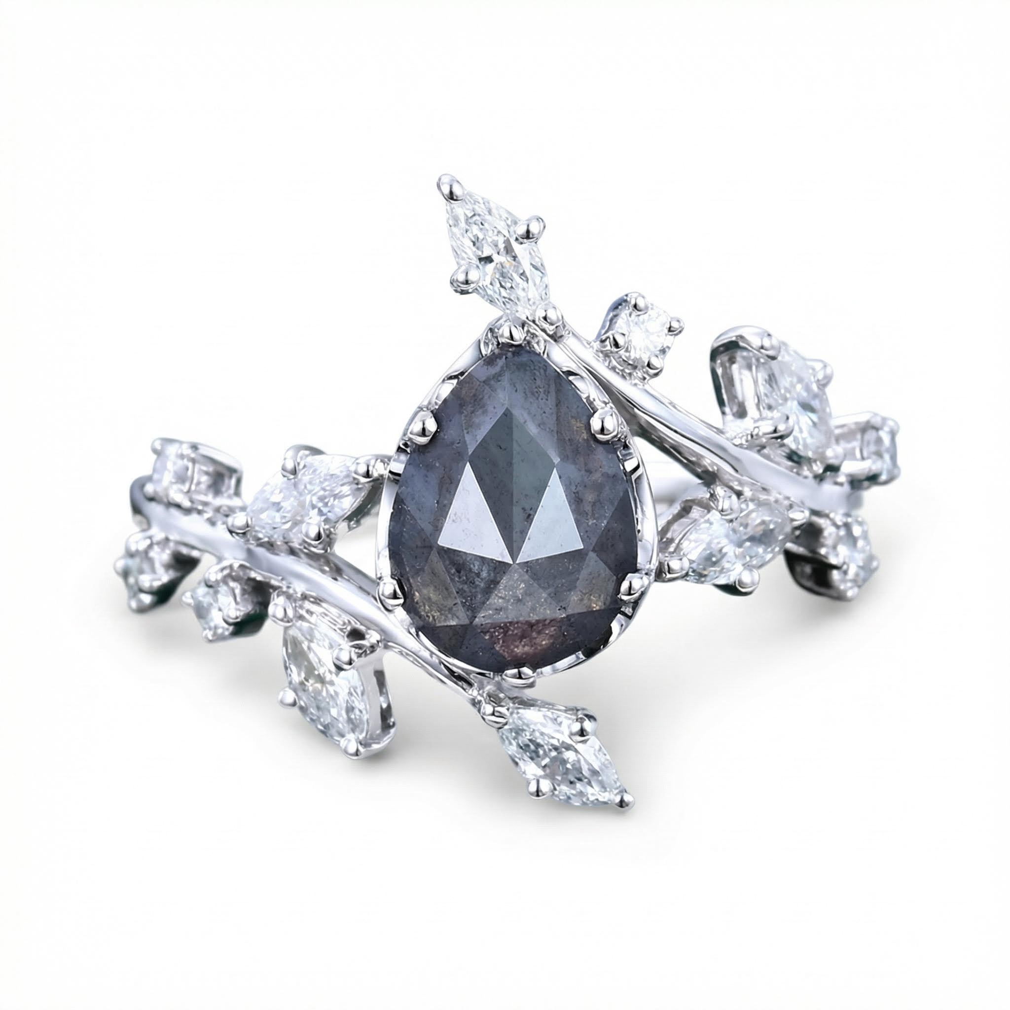 1.53CT Pear Cut Salt & Pepper Diamond With Marquise Cut Moissanite S925 Silver Engagement Ring 1.53CT Pear Cut Salt & Pepper Diamond With Marquise Cut Moissanite S925 Silver Engagement Ring