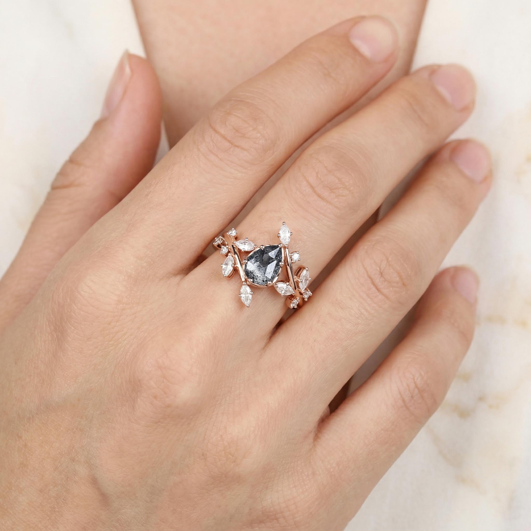 1.53CT Pear Cut Salt & Pepper Diamond With Marquise Cut Moissanite S925 Silver Engagement Ring 1.53CT Pear Cut Salt & Pepper Diamond With Marquise Cut Moissanite S925 Silver Engagement Ring