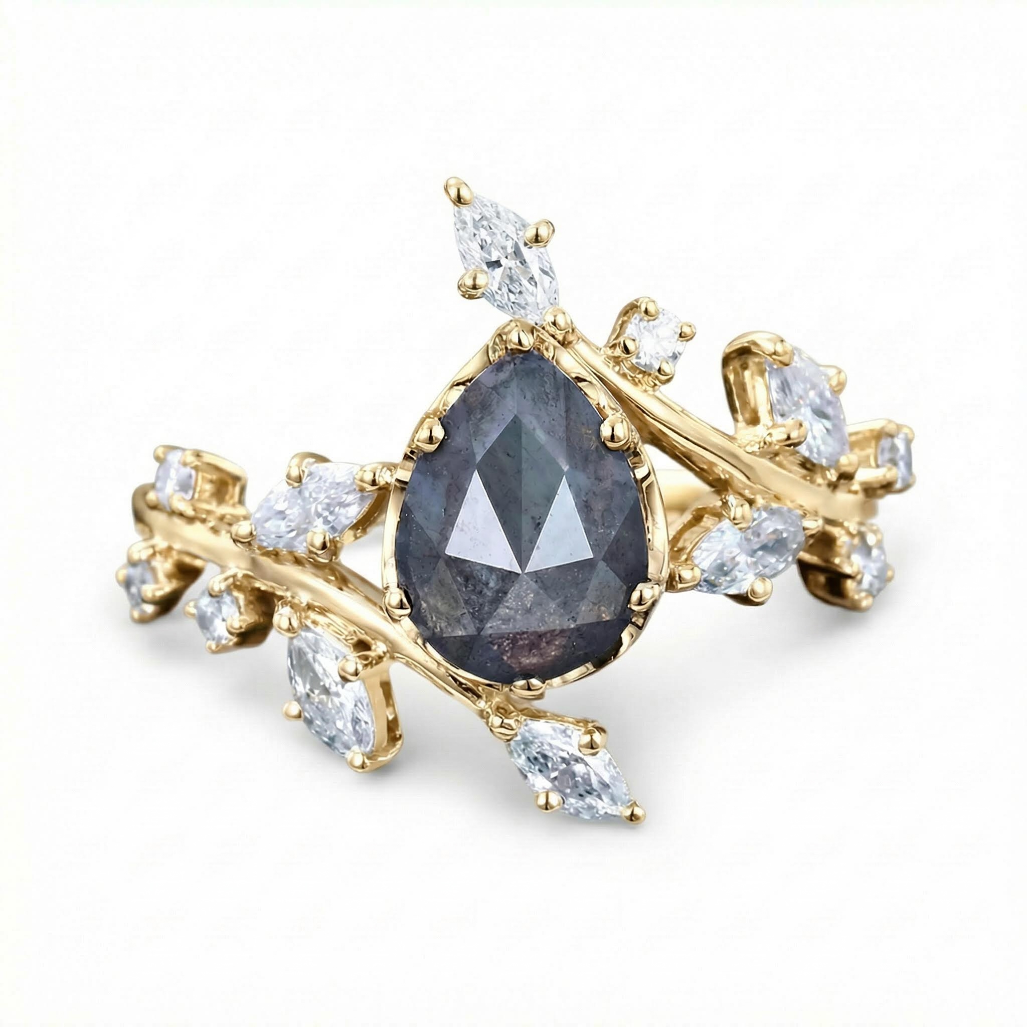 1.53CT Pear Cut Salt & Pepper Diamond With Marquise Cut Moissanite S925 Silver Engagement Ring 1.53CT Pear Cut Salt & Pepper Diamond With Marquise Cut Moissanite S925 Silver Engagement Ring