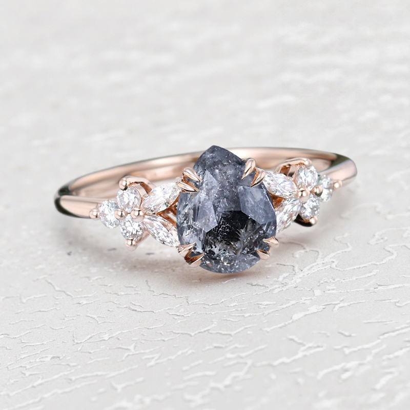 1.44CT Pear Cut Salt & Pepper Diamond Blossom Nature Inspired S925 Silver Engagement Ring