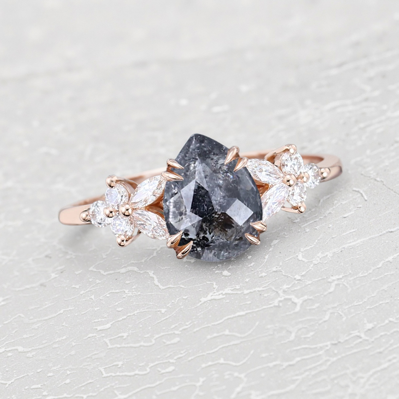 1.44CT Pear Cut Salt & Pepper Diamond Blossom Nature Inspired S925 Silver Engagement Ring