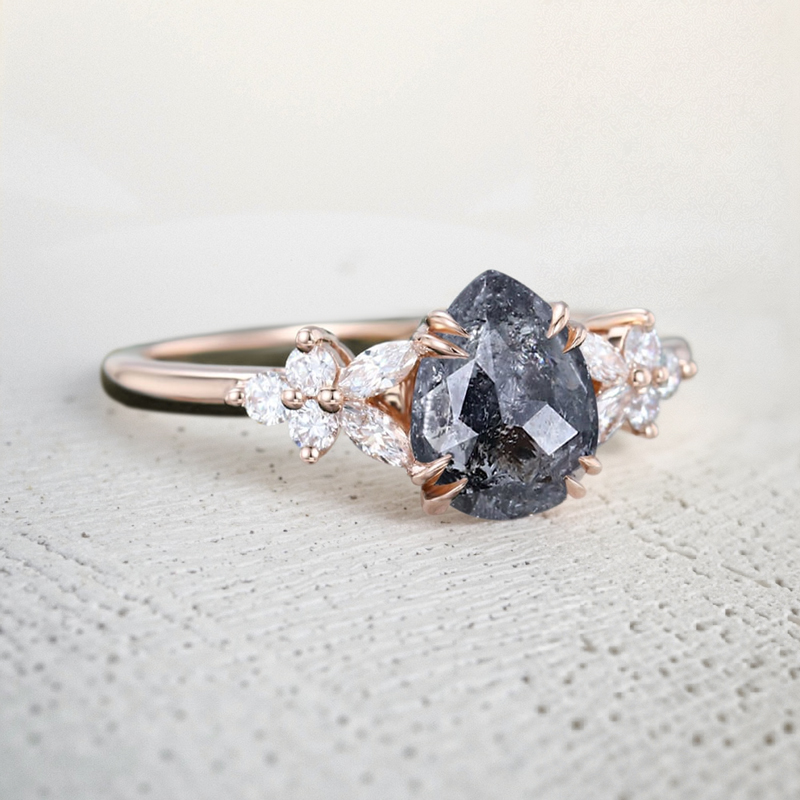 1.44CT Pear Cut Salt & Pepper Diamond Blossom Nature Inspired S925 Silver Engagement Ring
