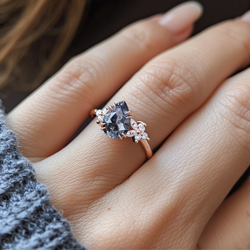 1.44CT Pear Cut Salt & Pepper Diamond Blossom Nature Inspired S925 Silver Engagement Ring