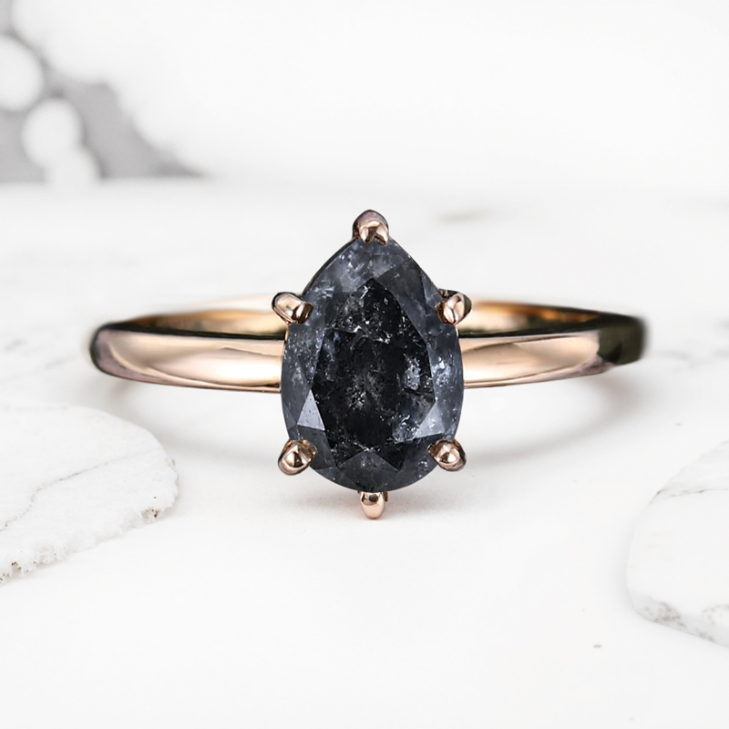 1.2CT Minimalist Pear Cut Salt & Pepper Diamond S925 Silver Engagement Ring