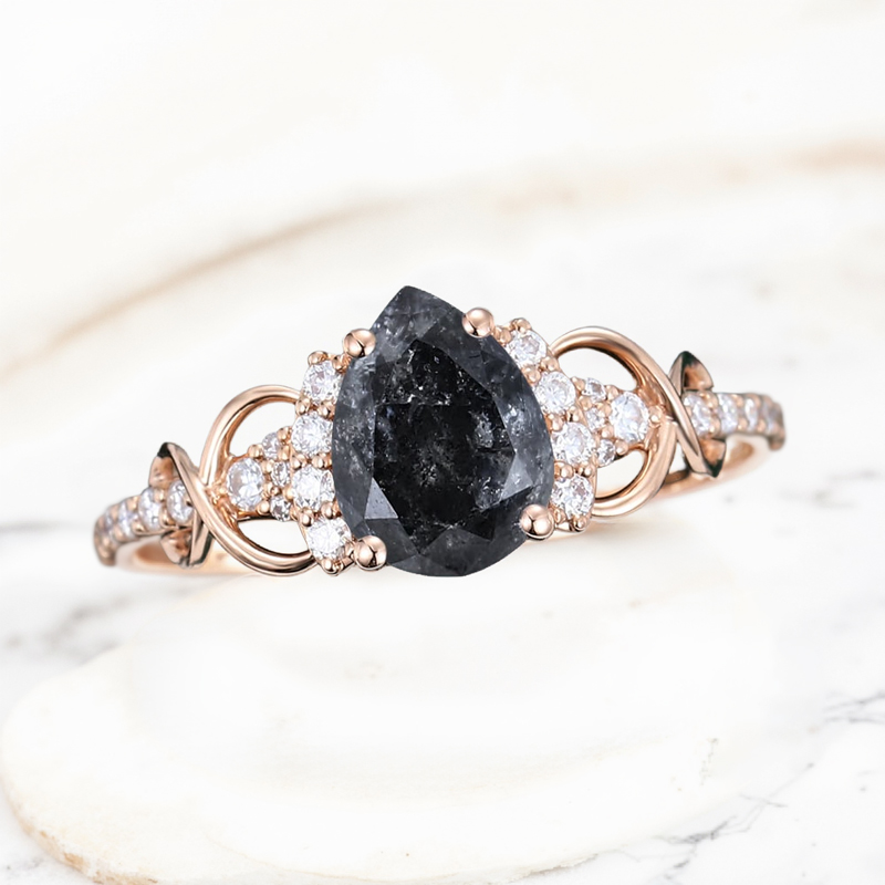 1.89CT Pear Cut Salt & Pepper Diamond Infinity Pave S925 Silver Engagement Ring