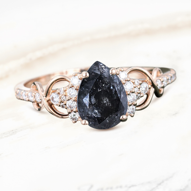 1.89CT Pear Cut Salt & Pepper Diamond Infinity Pave S925 Silver Engagement Ring