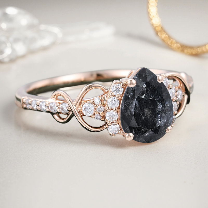 1.89CT Pear Cut Salt & Pepper Diamond Infinity Pave S925 Silver Engagement Ring