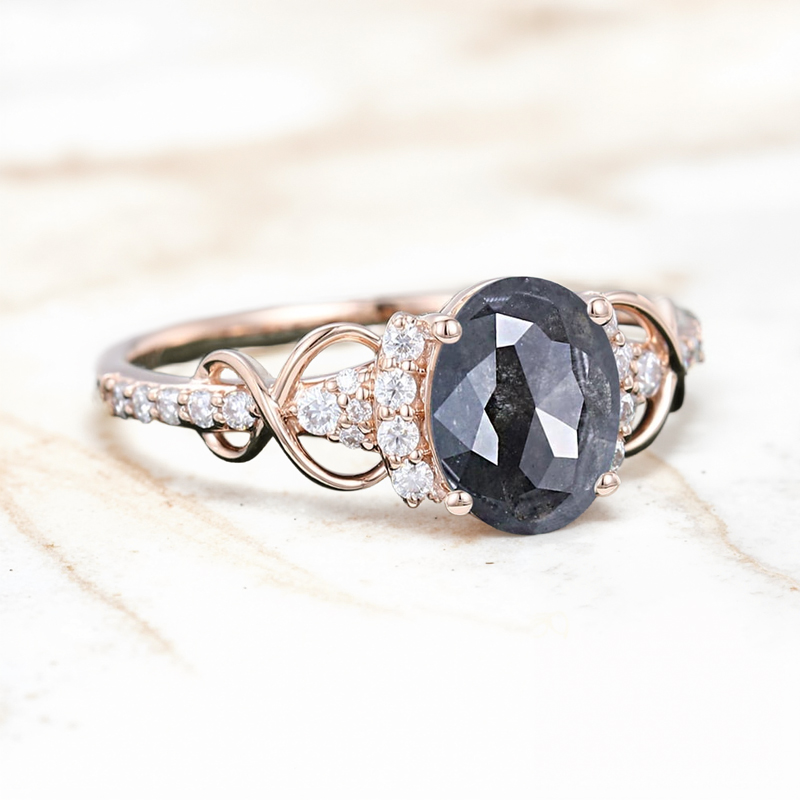 2.19CT Oval Cut Salt & Pepper Diamond Infinity Promise S925 Silver Engagement Ring 2.19CT Oval Cut Salt & Pepper Diamond Infinity Promise S925 Silver Engagement Ring