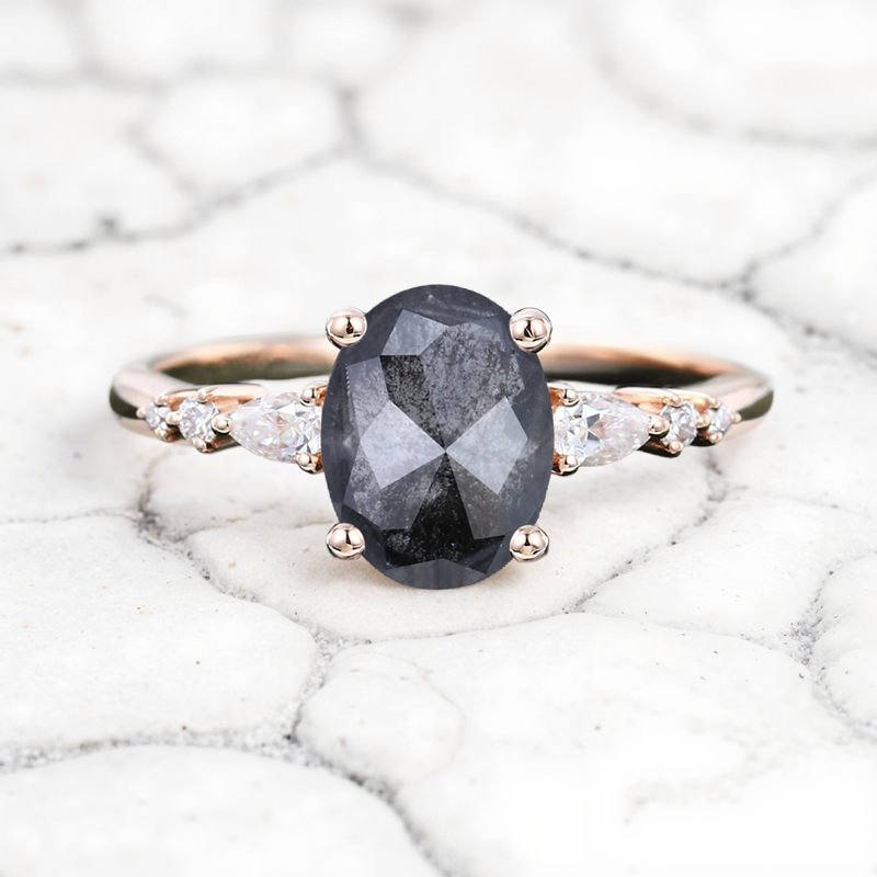 1.69CT Oval Cut Salt & Pepper Diamond Blossom S925 Silver Engagement Ring