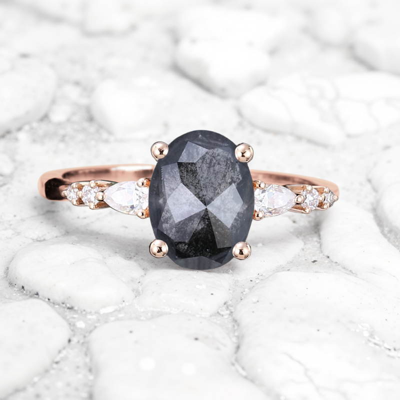 1.69CT Oval Cut Salt & Pepper Diamond Blossom S925 Silver Engagement Ring