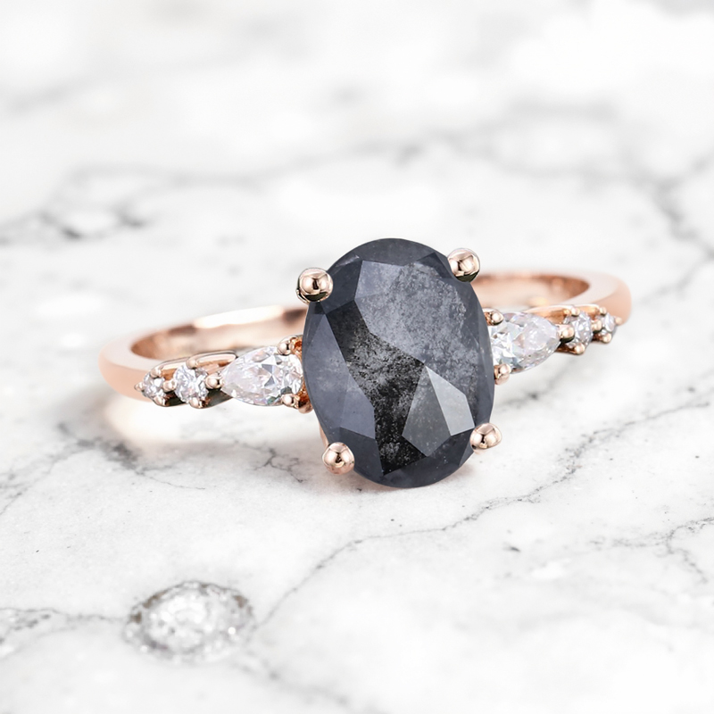 1.69CT Oval Cut Salt & Pepper Diamond Blossom S925 Silver Engagement Ring