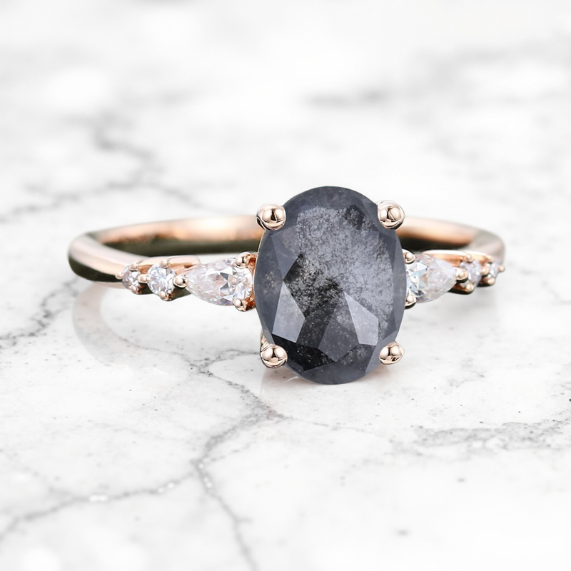 1.69CT Oval Cut Salt & Pepper Diamond Blossom S925 Silver Engagement Ring