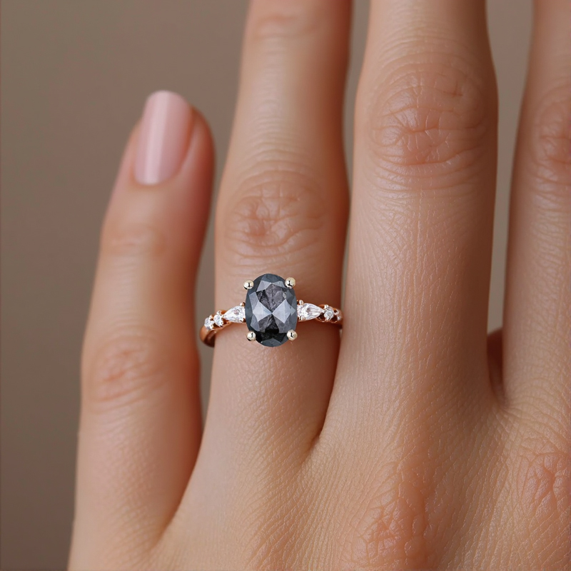 1.69CT Oval Cut Salt & Pepper Diamond Blossom S925 Silver Engagement Ring