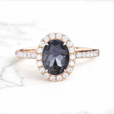 1.95CT Oval Cut Salt & Pepper S925 Silver Pavé Bridal Engagement Ring
