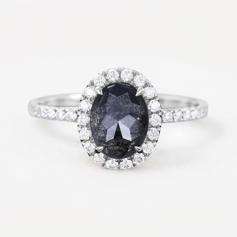1.95CT Oval Cut Salt & Pepper S925 Silver Halo Bridal Engagement Ring