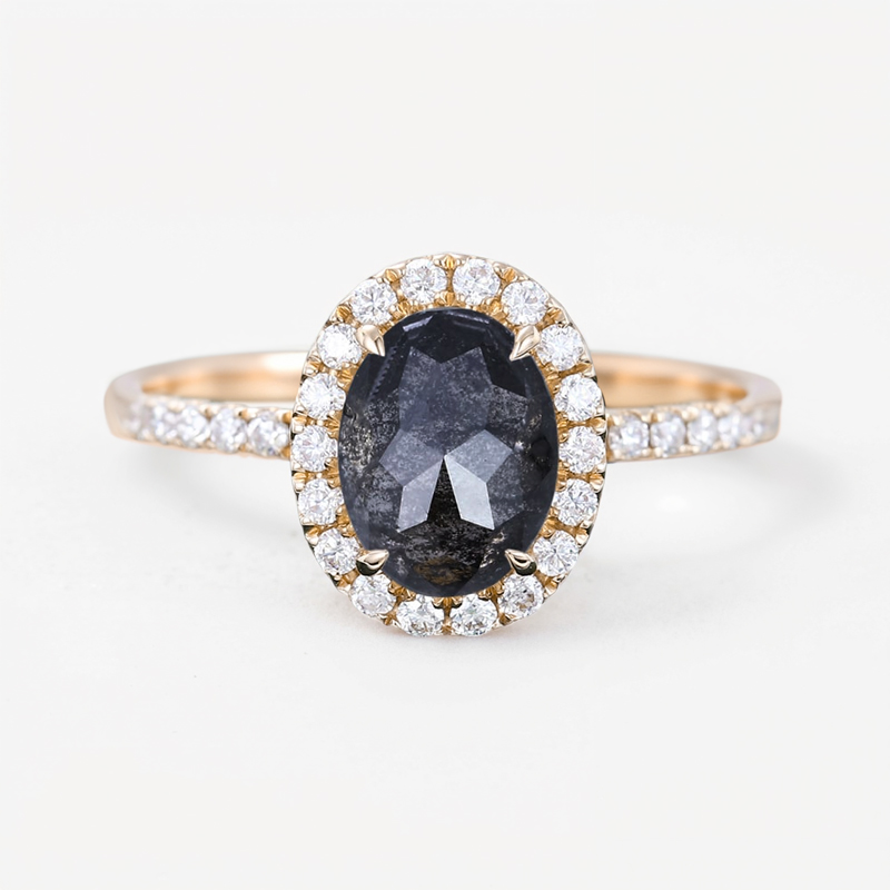 1.95CT Oval Cut Salt & Pepper S925 Silver Halo Bridal Engagement Ring